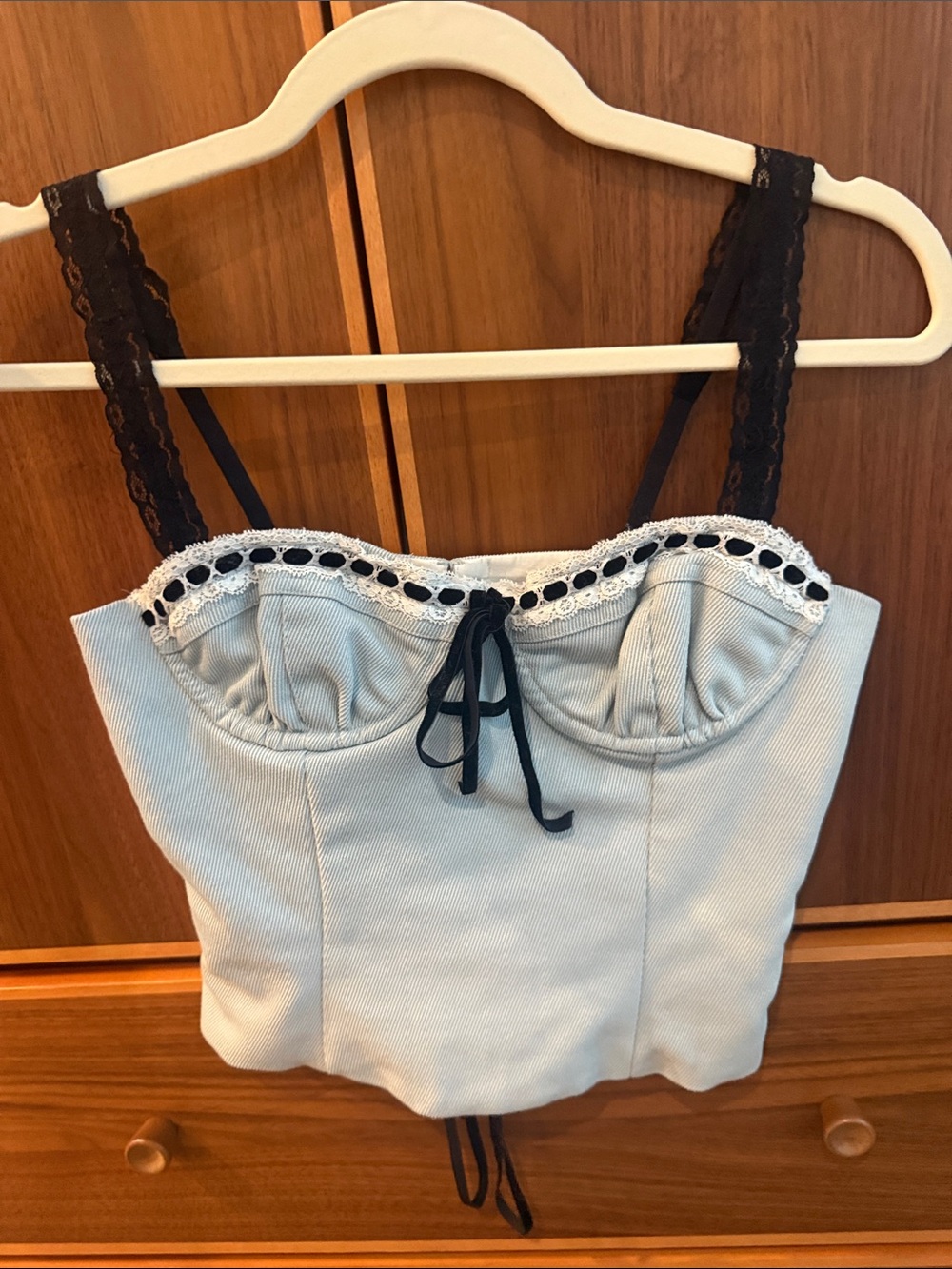 With Jean Ryder Top in Blue with Black Lace Straps